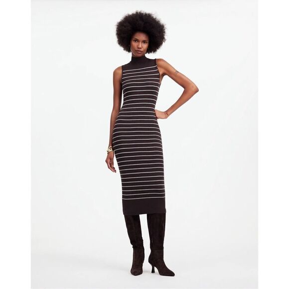 Madewell The Signature Knit Mockneck Sweater Dress in Stripe Espresso Size L NWT - Picture 1 of 8